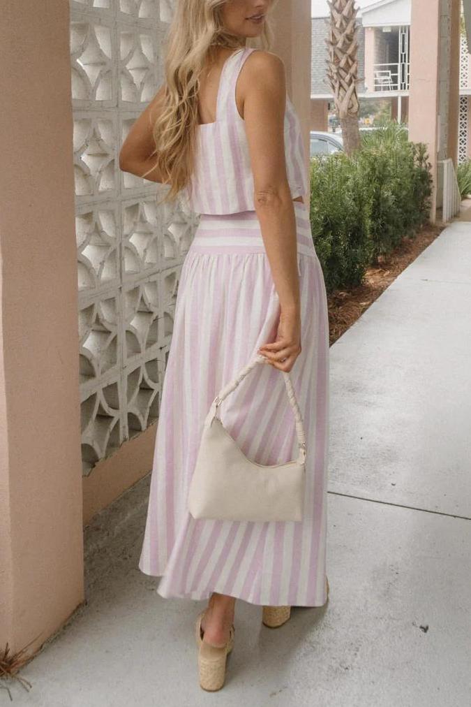 Pink And White Striped Skirt Set